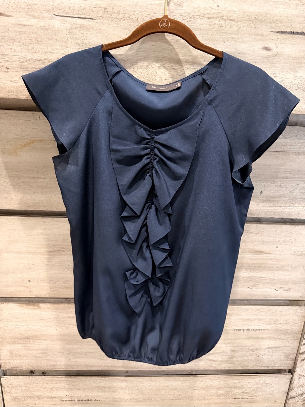 The Limited Navy Ruffle-Front Cap Sleeve Blouse